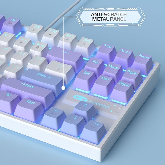 MageGee 75% Mechanical Gaming Keyboard, Red Switch, LED Blue Backlit, 87 Keys Compact TKL Wired Computer Keyboard for Windows Laptop PC Gamer - White/Purple - Image 8