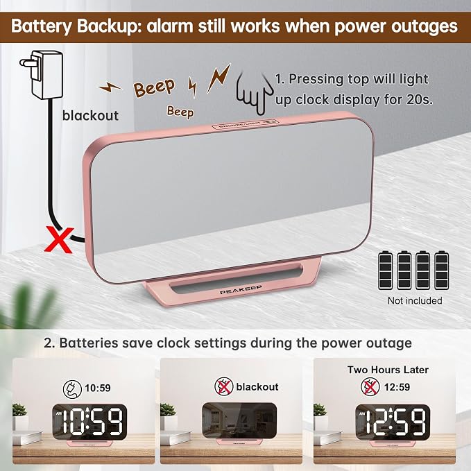 Peakeep Slim Digital Mirror Aesthetic Alarm Clock for Bedrooms Desk Decor | Plug in Electric Big LED Modern Small Clock for Office Living Room, Battery Backup, 6 Dimmers (Rose Gold) - Image 5