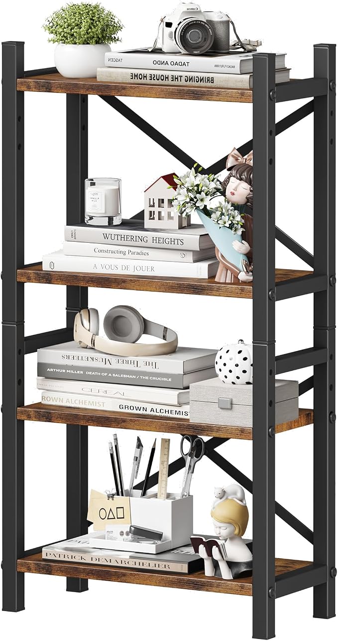 Desktop Bookshelf, 4-Tier Stackable Narrow Bookcase, Adjustable Industrial Desk Organizer & Hutch - Rustic Brown Wood Desktop Book Organizer for Living Room, Bedroom & Home Office by Homeiju