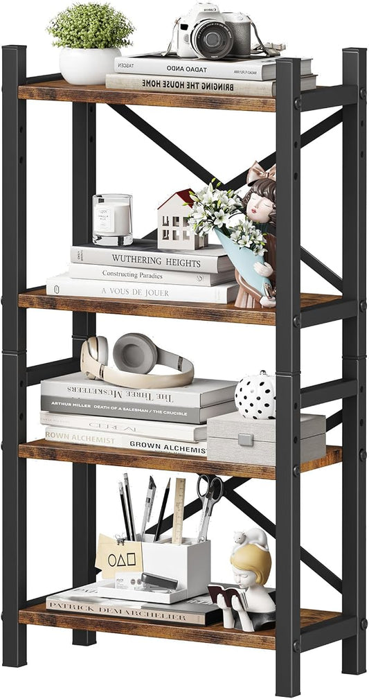 Desktop Bookshelf, 4-Tier Stackable Narrow Bookcase, Adjustable Industrial Desk Organizer & Hutch - Rustic Brown Wood Desktop Book Organizer for Living Room, Bedroom & Home Office by Homeiju