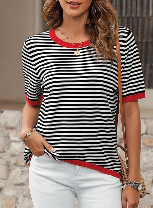 Dokotoo Womens Tops 2026 Casual Summer Crewneck Short Sleeve Striped Color Block Knit High Low Trendy Pullover Sweaters - Image 4