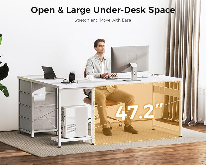 AODK 61" L Shaped Gaming Desk with 4 Drawers and Power Outlets, White | USB Ports, PC Tower Stand, Hooks, Reversible Corner Layout for Gaming Rooms, Bedrooms and Home Office - Image 6