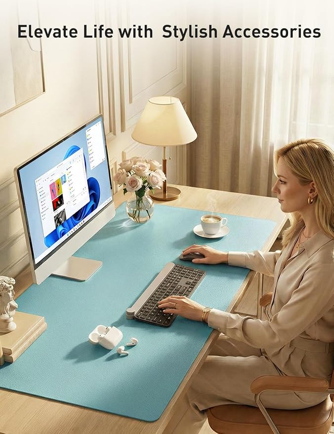 Aothia Faux Leather Desk Mat - Non-Slip PU Leather Desk Blotter, Waterproof Writing Surface, Large Desk Pad for Office & Home (Blue Topaz, 55" x 24") - Image 8