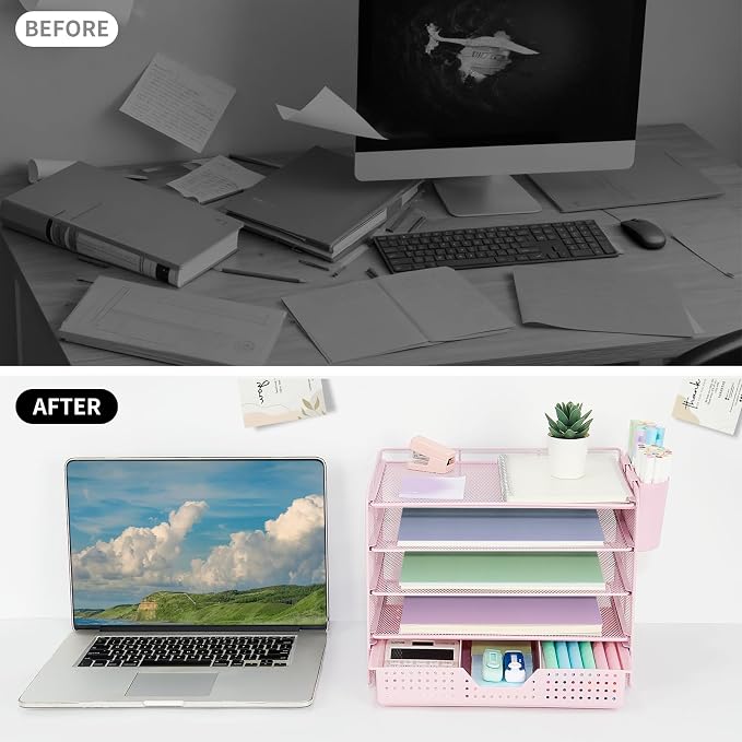 LEKETREE Desk Organizers and Accessories, 5-Tier Paper Letter Tray Organizer with Drawer & 2 Pen Holders, Desktop Organizer for Office Supplies (Pink) - Image 7