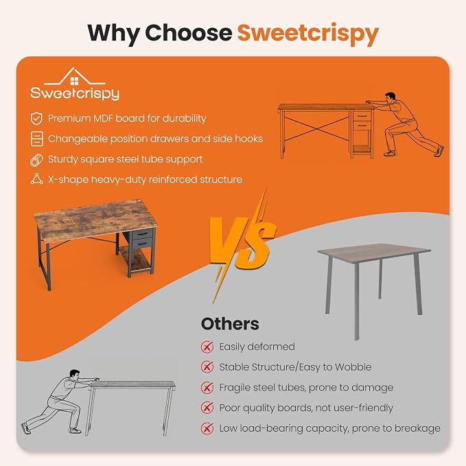 Sweetcrispy 47-Inch Computer Desk with Drawers, Office Desk, Brown | Small Desk for Bedroom Home Office with Side Hook, Modern Simple desk with storage for Writing - Image 7