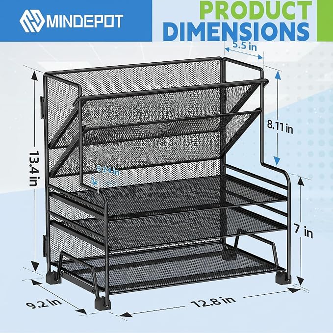 MINDEPOT 4-Tier Paper Organizer + 3-Pocket File Holder, Desktop File Organizers Paper Tray for Office School Classroom Workspace Organization (Black Desk Organizer, No Drawer & No Pen Holder) - Image 2