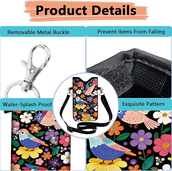 Floral Phone Pouch Phone Crossbody Sleeve Birds Colorful Nylon Neoprene Waterproof Cellphone Bag Case with Strap Neck Lanyard Protective Carrying Cover Fits Most Smartphones 7.1 x 3.9 Inch - Image 4