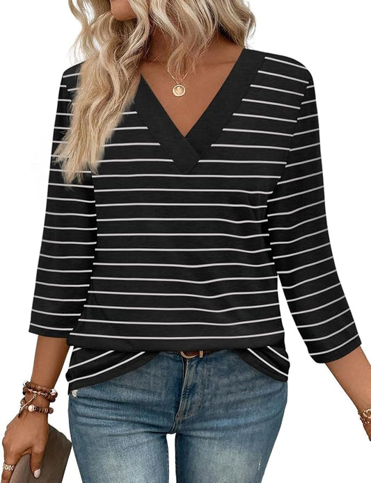 WIHOLL Womens Tops 3/4 Length Sleeve V Neck Casual Tunic Tops Basic Shirts Loose Fit Blouse by WIHOLL