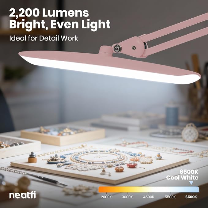 Neatfi XL 2200 Lumens 24W LED Desk Lamp – Shadow-Free Task Lighting | 4-Level Dimming | Home Office & Crafts Use | 20-Inch Wide Head (Rose Gold, Non-CCT with Clamp) - Image 6
