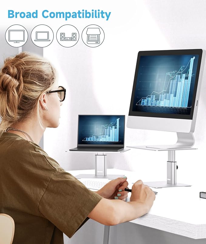 BoYata Monitor Riser Stand, Adjustable Height Metal Desktop Stand Storage Organizer Compatible with TV, PC, Laptop, Computer, iMac, and All Screen Display-Silver - Image 3