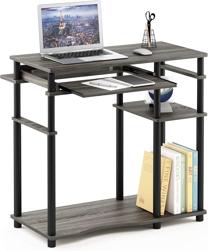 Furinno Abbott Computer Desk with Bookshelf, French Oak Grey/Black - Image 5
