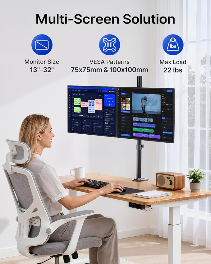 HUANUO Dual Monitor Stand for 13-32 Inch Screens, Tall Pole Desk Mount,Larger Base, Ideal for Sit-Stand Workstations, 22 lbs per Arm, VESA 75x75/100x100mm, Tilt Swivel Rotation, Cable Management - Image 2