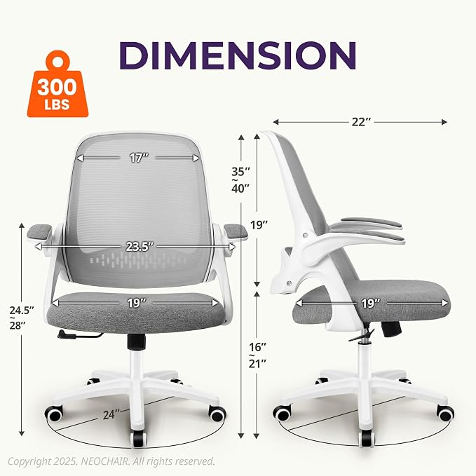 NEO CHAIR Office Desk Chair, Ergonomic Mesh with Flip-Up Armrests, Grey | Lumbar Support, Height Adjustment, 360° Swivel and Rolling Base, Space-Saving Design for Home Office, Vanity or Study - Image 2