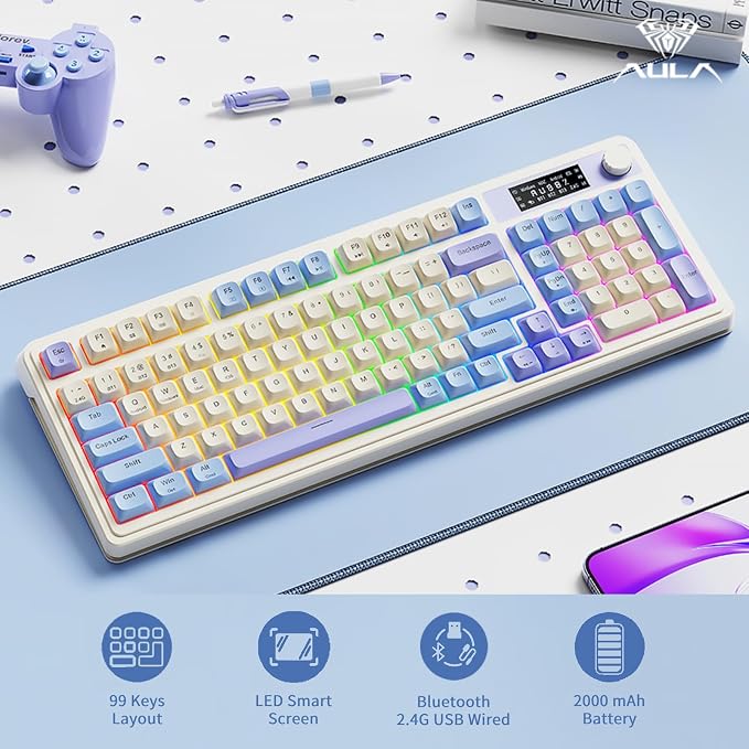 AULA S99 Pro Gaming Keyboard, Cute Creamy Wireless Keyboard | Tri-Mode Bluetooth/2.4G/USB-C Computer Keyboards, Media Knob Custom RGB Backlit with Number Pad Smart Screen- Purple - Image 2