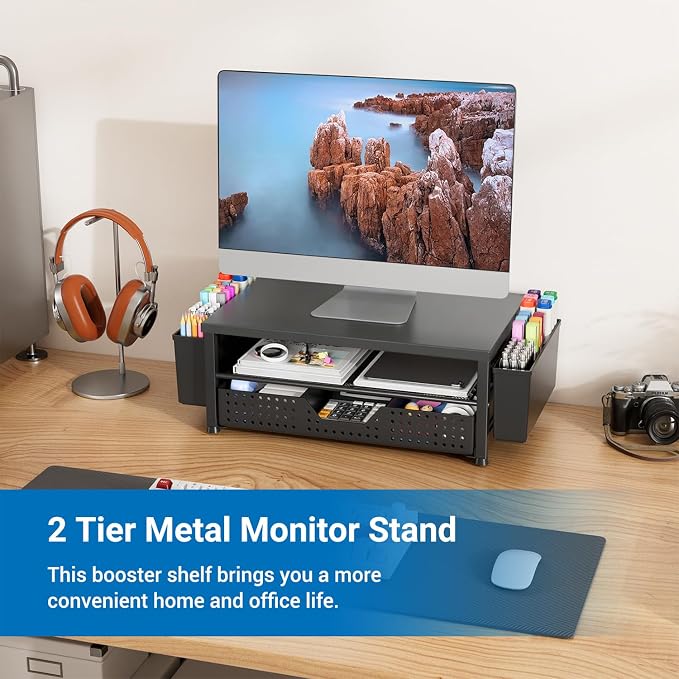 Monitor Riser, Laptop Stand for Desk, Office Desk Organizer and Accessories, Computer Monitor Stand, Desktop Shelf with Drawer and Pen Holder, Printer Stand for Home, Office, Dorm (Black) - Image 2