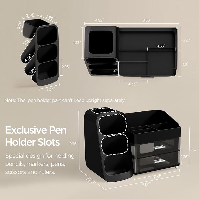 HBlife Desk Organizer with Pen Pencil Holder for Desk, Pen Organizer with 2 Drawers, Desk Organizers and Accessories with 4 Compartments, Desktop Storage for Office Home School Art Supplies, Black - Image 5