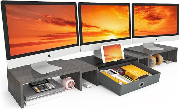 WESTREE Triple Dual Monitor Stand Riser with Drawer,Extra Large Adjustable for 2~3 Monitors,Solt for Phone & Tablet, Desktop Organizer Stand for Computer,Laptop,Printer,TV by WESTREE