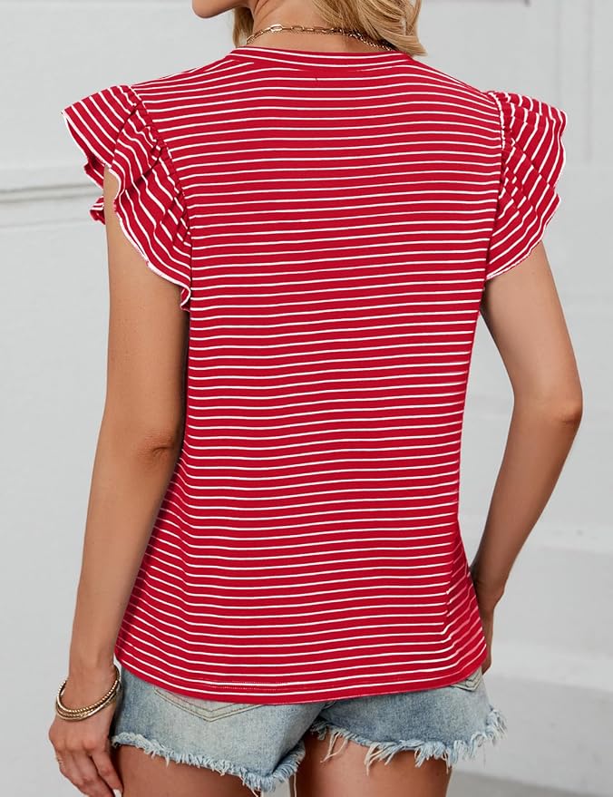 JUSTFASHIONNOW Womens Summer Tops Striped T-Shirts 2026 Ruffle Short Sleeve Crew Neck Casual Blouses with Pocket - Image 6