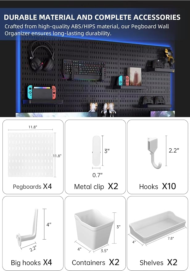 Pegboard Wall Organizer Kit, Modular Storage System, White | 4 Modular 11.8" Pegboards with Hooks & Storage Baskets, Durable ABS/HIPS for Gaming, Office, Craft & Home Organization - Image 2