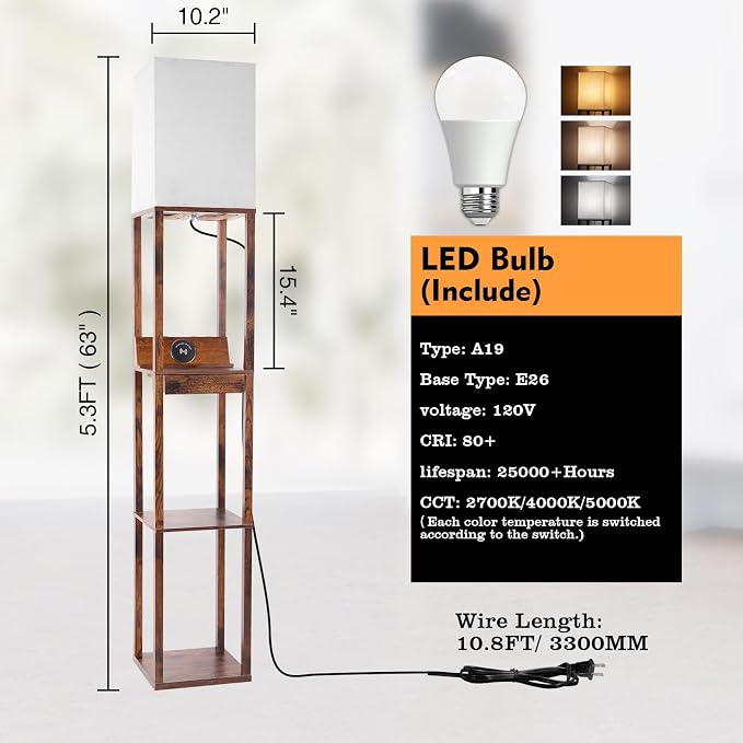RUNTOP Floor Lamp with Shelves, Shelf Floor Lamp with Wireless Charger & 2 Charging USB Ports & Drawer, AC Outlet, 3 Color Temperature Tall Standing Lamp with Bulb for Living Room, Bedroom, Office - Image 5