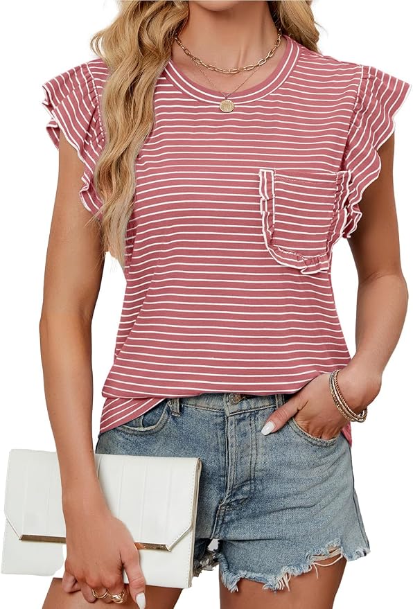 JUSTFASHIONNOW Womens Summer Tops Striped T-Shirts 2026 Ruffle Short Sleeve Crew Neck Casual Blouses with Pocket - Image 4