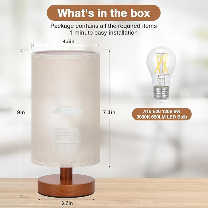 Fenmzee Small Table Lamps (Beige Shade - Walnut Base, 9" Inline Control) | 3000K LED Blub Included | 680 Lumens | Easy Assembly | Minimalist Design | E26 | for Kitchen | for Kids Room - Image 3