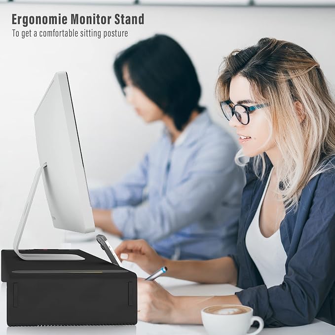 OImaster Adjustable Monitor Stand Riser with Drawer - Foldable Computer Stand for Desk, Desktop Organizer with Phone Holder & Pen Slot, Space Saving Laptop Riser for Home Office, Black - Image 6