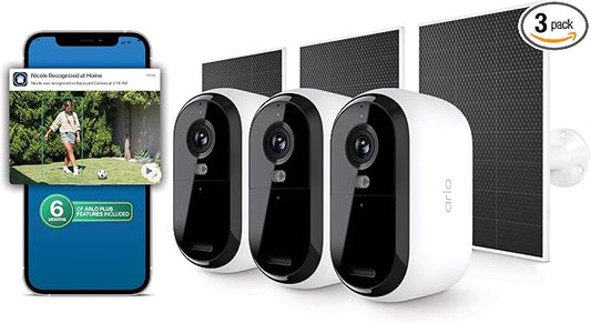 Arlo Essential Security Camera (3rd Gen - 2025 Release) 3 Cam + 3 Solar Panels + 6 Months of Secure Plus Plan - 2K, Person Recognition, Package Detection, Animated Preview, Dual-Band WiFi, White by Unknown
