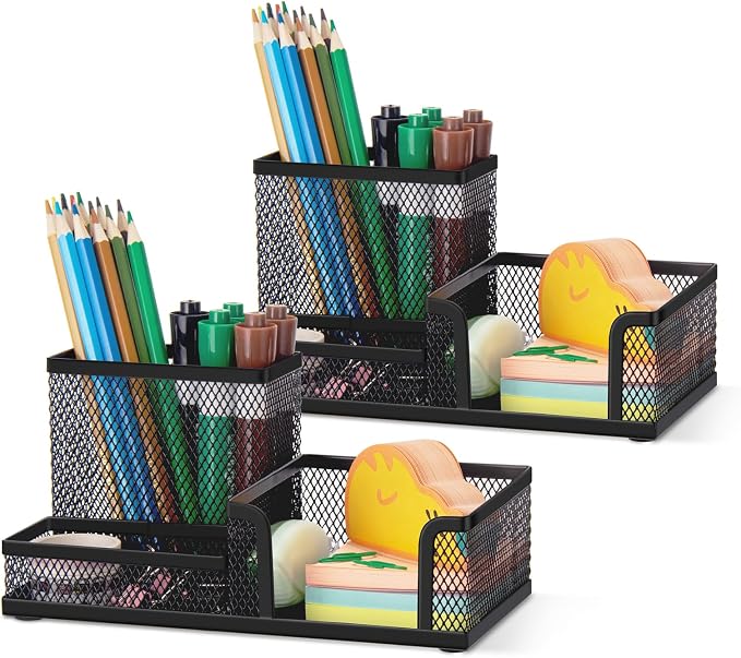 Comix 2 Packs Mesh Pen Holder, Desk Organizer for Home Office, Black | 3 Compartment Pencil Holder, Sticky Notes Holder, Pen Organizer Office Supplies by Comix