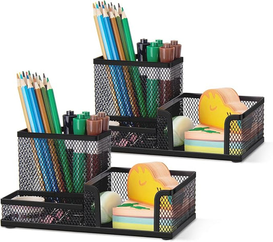 Comix 2 Packs Mesh Pen Holder, Desk Organizer for Home Office, Black | 3 Compartment Pencil Holder, Sticky Notes Holder, Pen Organizer Office Supplies by Comix