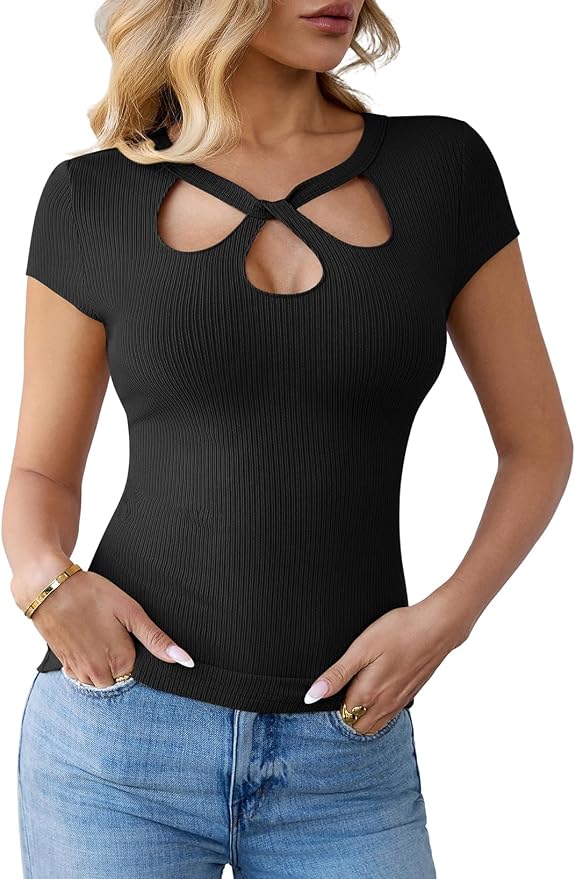 Pink Queen Sexy Tops for Women Cutout Keyhole Neck Cap Sleeve Shirts Casual Summer Clothes 2026 Fashion - Image 9