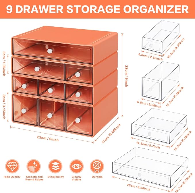 Desk Storage Organizer with 9 Drawers, 4 Tiers Stackable Desktop Craft Storage Drawers, Clear Storage Box Caddy for Stationary Makeup Jewelry Office Craft Supplies (Orange) - Image 2