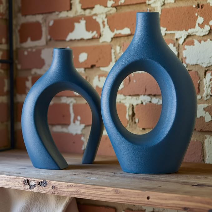 Lvases Blue Snuggle Hollow Ceramic Vase Minimalist Decorative Vases of 2 | 11 Inch Nordic Boho Decor Home Flower Vases for Living Room Coffee Table, Bookshelf Mantle & Entryway Pampas Grass Display - Image 4