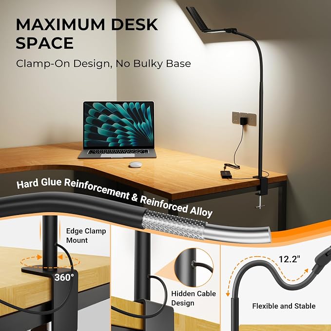 LED Desk Lamps for Home Office, Adjustable Swing Arm Desk Lamp with Clamp | Gooseneck Tall Clip on Desk Light for Sewing,Reading,Draw,Workbench,Study,Puzzle,Craft,Monitor,Architect,Computer,Task - Image 4