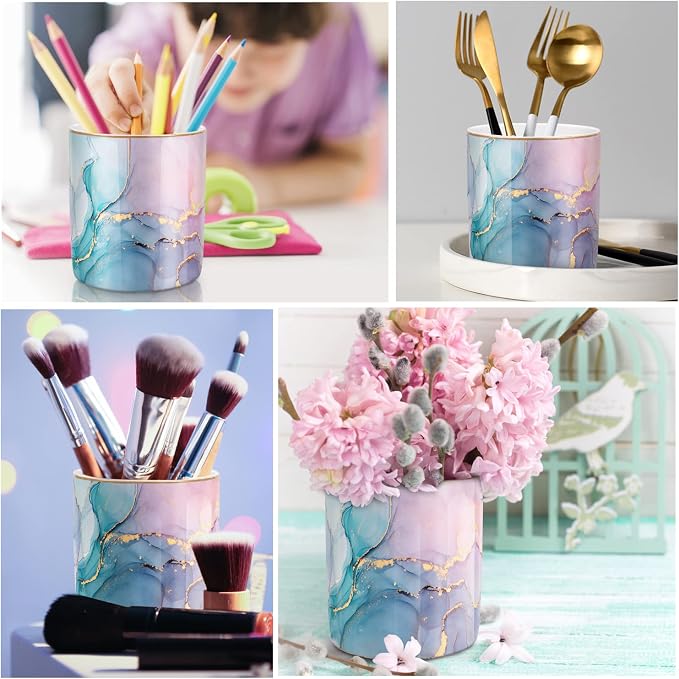 Large Capacity Colored Pen Holder for Desk, Ceramic Pencil Holder Makeup Brush Holders, Desk Accessories & Workspace Organizers for Home, Office, Colorful Green - Image 2