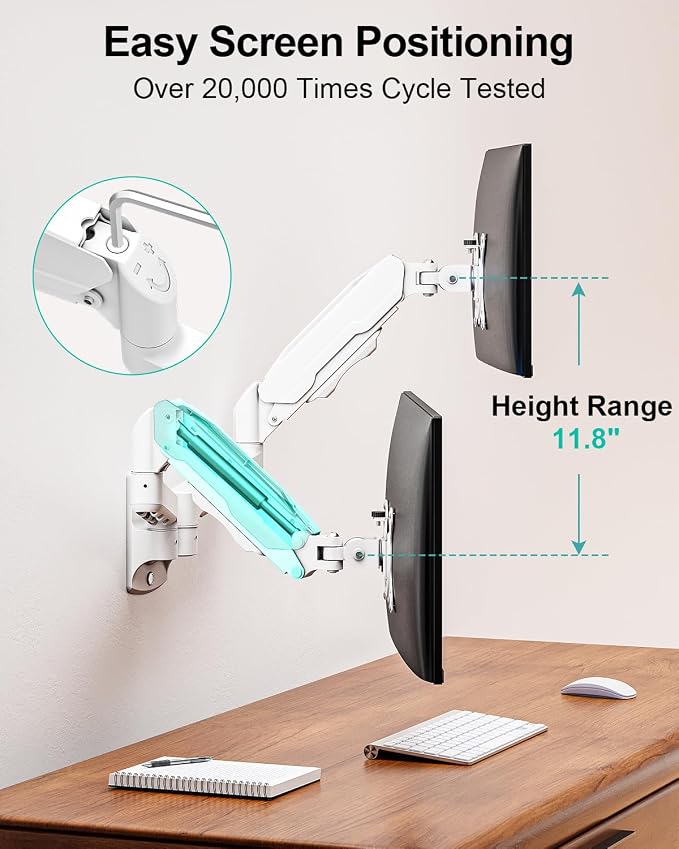 MOUNT PRO Dual Monitor Wall Mount for 13 to 32 Inch Computer Screens, Gas Spring Wall Monitor Arm for 2 Monitors, Each Holds Up to 19.8lbs, Adjustable Wall Monitor Mount with VESA 75x75/100x100, White - Image 6