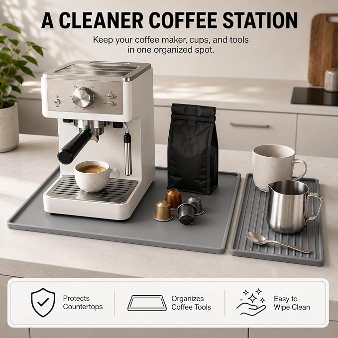 Silicone Coffee Mat 24 x 16 in with Tray, Minimal Light Gray | Coffee bar mat for countertop use, coffee station mat or coffee machine mat with removable tray and 0.47 in raised rim. - Image 2