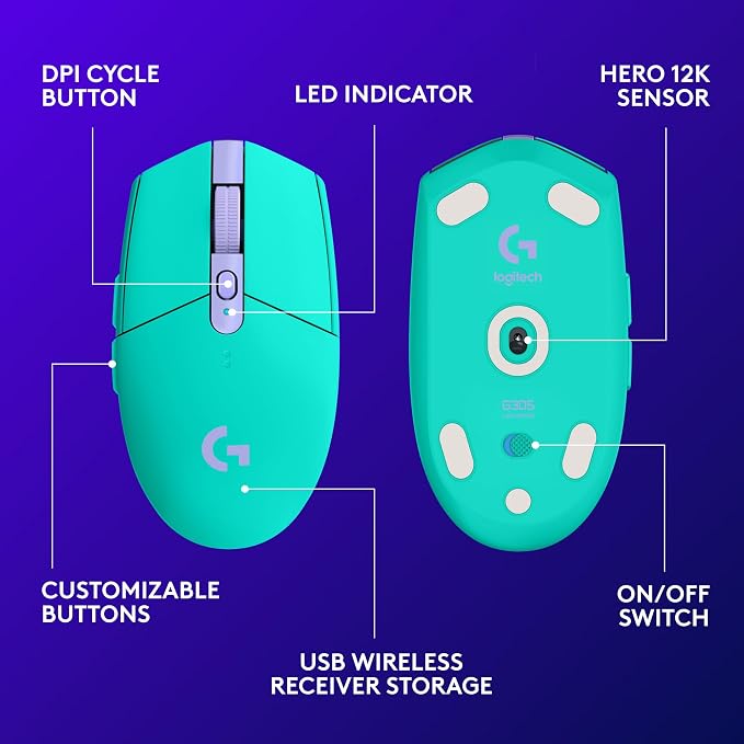 Logitech G305 Lightspeed Wireless Gaming Mouse - Mint | 12,000 DPI, Lightweight, 6 Programmable Buttons, 250h Battery, On-Board Memory, Compatible with PC and Mac - Image 6