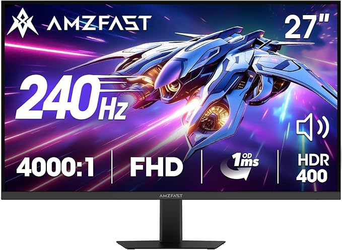 Amzfast 27 Inch Gaming Monitor, 240Hz 1ms FHD 1080P, Adaptive Sync, HDR400, 4000:1 Contrast, 125% sRGB, Built-in Speakers, HDMI 2.0 & DP 1.4, VESA 100x100, Retractable Headphone Holder, AMZG27F5 Pro by Amzfast