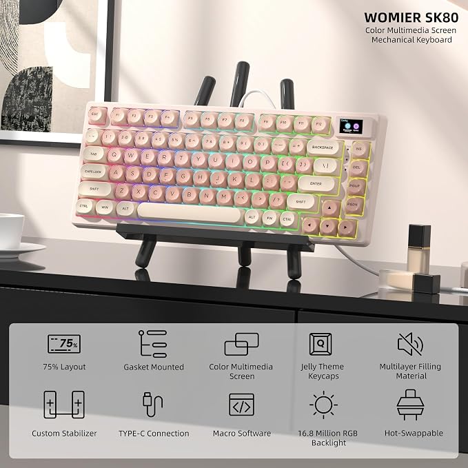 Womier SK80 75% Foundation Mechanical Keyboard with Multimedia Display | Pink Gaming Creamy Keyboards, Jelly Keycaps Hot Swap RGB Wired Key board Pre-lubed POM Switch for Mac/Win, Pink - Image 4