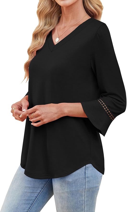 WIHOLL Womens Blouses Dressy Casual 3/4 Length Sleeve Tops Lace Trendy 2026 Spring Summer V Neck Shirts Vacation Outfits - Image 4