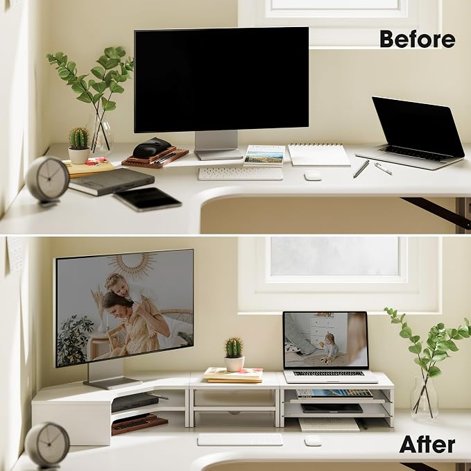 Fenge Dual Monitor Stand, Corner Monitor shelf with Drawer and Slide-Out Tray, 2 Tier Triangle Monitor Riser with Storage, Desk Shelf Organizer for Desk, Home Office, Computer, Laptop, Printer - Image 7