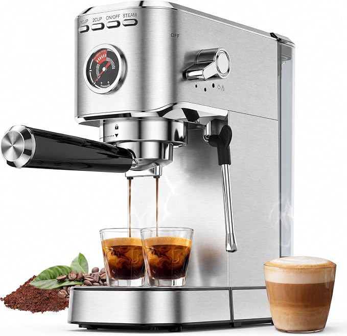 Oaomi Espresso Machine 20 Bar, Compact Expresso Coffee Machines with Milk Frother,Stainless Steel Espresso Maker with 39oz Removable Water Tank for Latte Cappuccino etc (Silver) by Oaomi