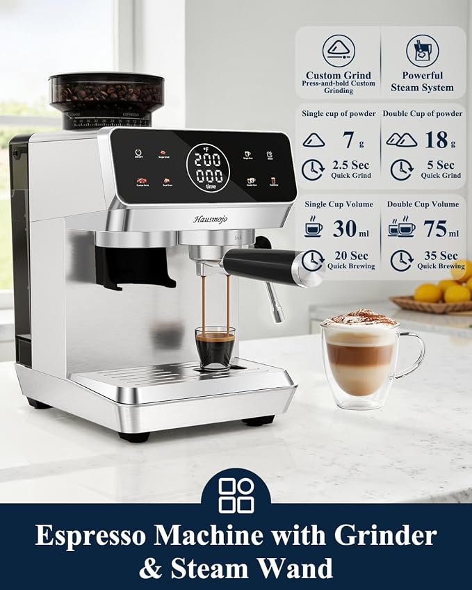 CM1620 Espresso Machine with Built-in Burr Grinder, 20 Bar Bean-to-Cup Espresso Maker with 44 Grind Settings & Steam Wand, Touchscreen Coffee Machine for Latte, Cappuccino - Image 5