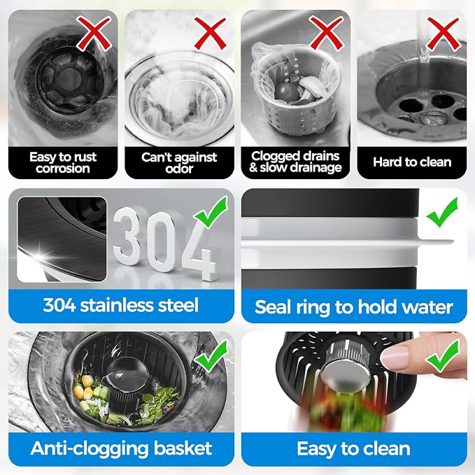 zaa 3 in 1 Kitchen Sink Drain Strainer Stopper Removable Basket Pop-Up | Kitchen Sink Accessories 1 Pack All Black Stainless - Food Catcher, Odor-Blocking Seal, Fits 3.5" Drain - Image 6