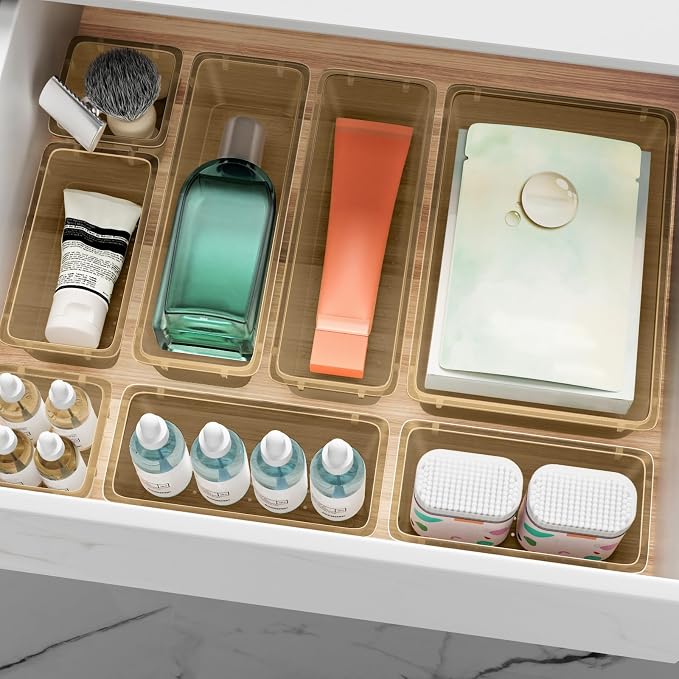 12 PCS Drawer Organizer Set, Makeup Organizers, Champagne | 4 Sizes, Plastic, Stackable, Multiple Gadgets, Desk Drawer Divider Organizers, for Makeup, Office Supplies Storage - Image 8