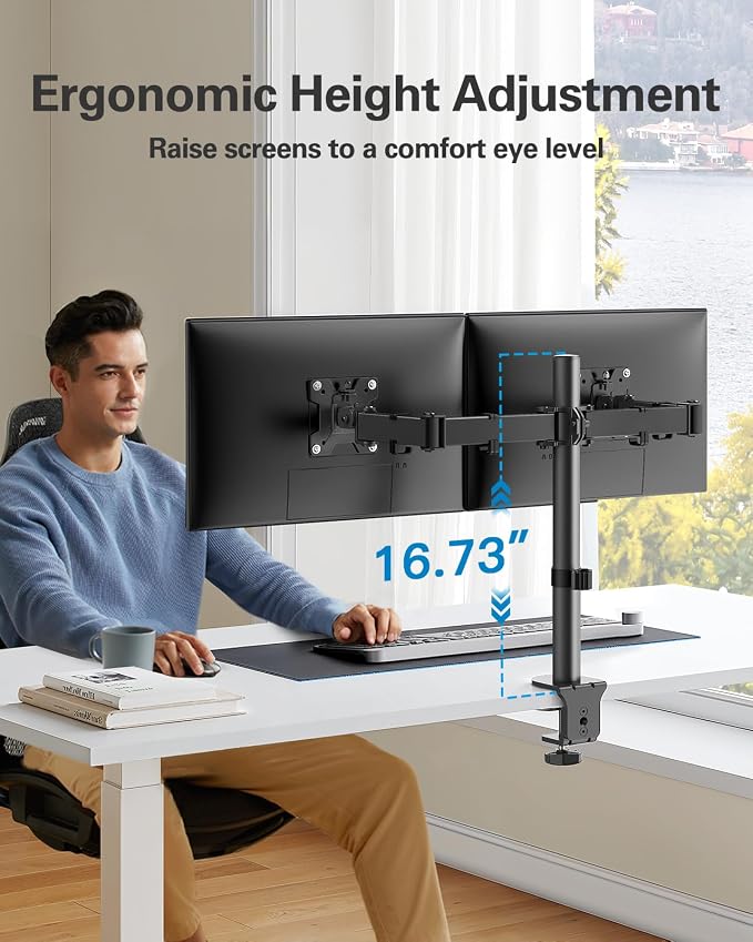 HUANUO Dual Monitor Mount for 13-32 Inch Screens, 17.6 lbs per Arm | Dual screen setup, tilt, swivel, rotation, 16.3 inch pole, cable clips, C-clamp or grommet, VESA 75x75/100x100mm - Image 3