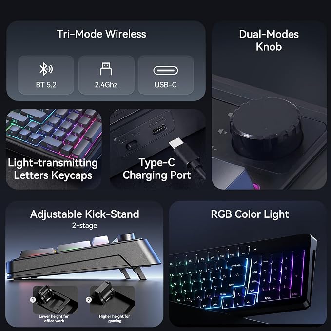 AULA Keyboard Gaming Wireless Creamy Computer Keyboards with Number Pad | Side-printed Light Transmission Letters Keyboard,99 Keys,RGB Backlit,Tri-Mode BT/2.4GHz/USB-C Connection,Gradient Grey - Image 7