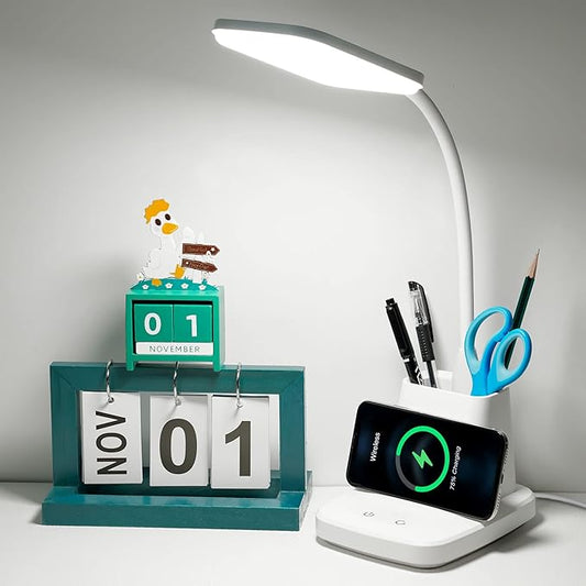 Upgraded 10W Wireless Charging LED Desk Lamp with Pen Holder, White | CRI 95, 800LM, Stepless Dimming, 3 Modes, 360°Flexible Arm, Touch, Study Table Lamp for Home Office, Dorm Room, with Adapter by Sailstar