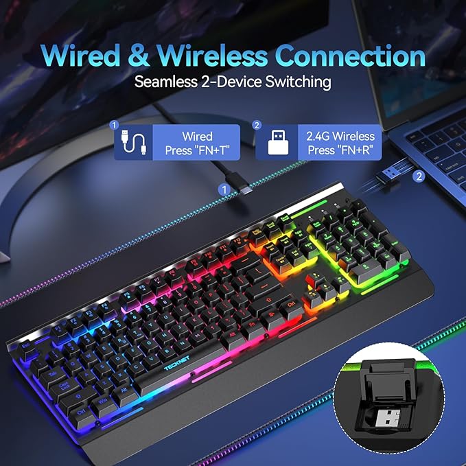TECKNET Wireless Gaming Keyboard, 4000mAh Rechargeable Keyboard | 2-in-1 (2.4G Wireless & Wired) Connection, 15-Zone RGB Backlit, Whisper Quiet Design, 25 Anti-ghosting Keys, Metal Panel - Image 2
